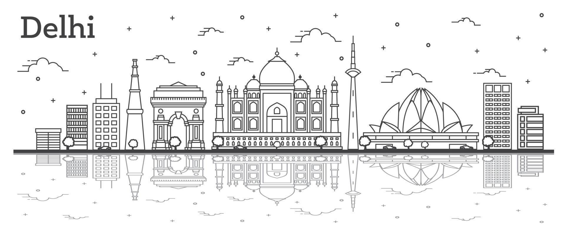 delinear el horizonte de la ciudad de delhi india con edificios históricos y reflejos aislados en blanco. vector