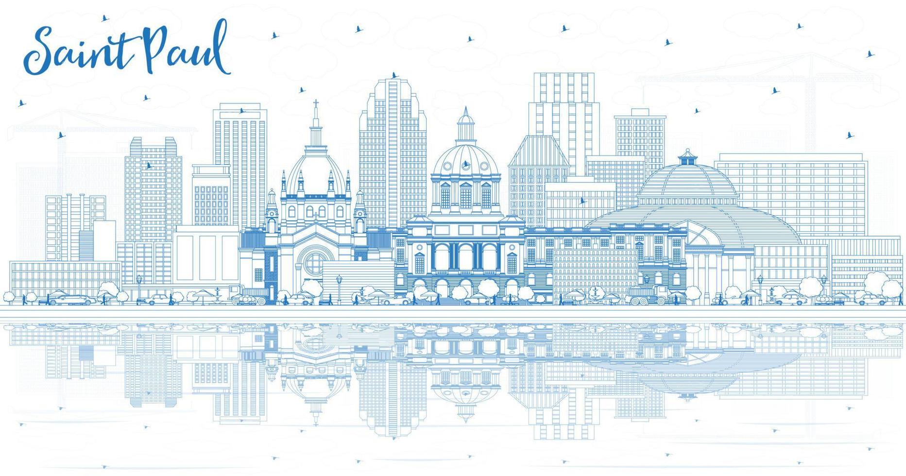 Outline Saint Paul Minnesota City Skyline with Blue Buildings and Reflections. vector