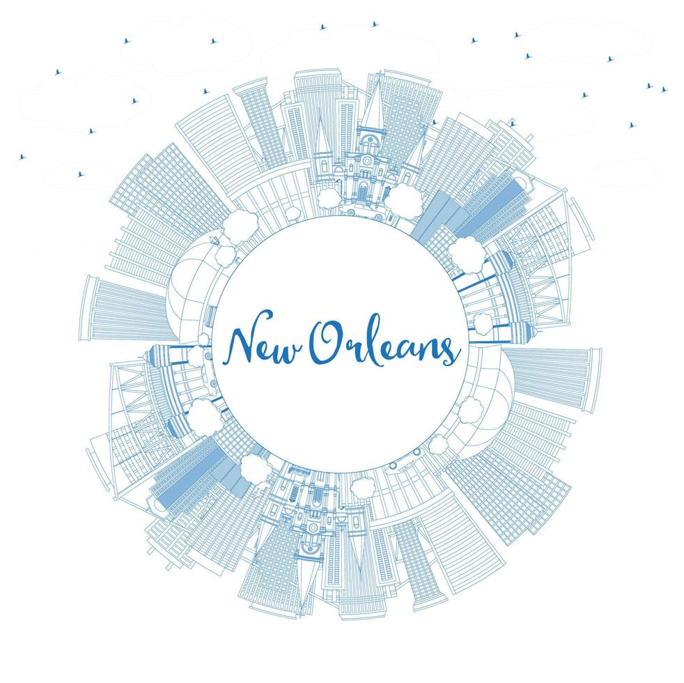 esbozar el horizonte de la ciudad de nueva orleans, louisiana, con edificios azules y espacio para copiar. vector