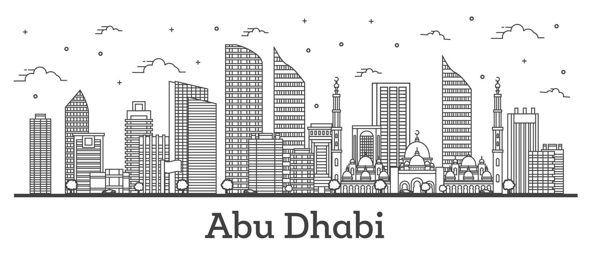 delinear el horizonte de la ciudad de abu dhabi emiratos árabes unidos con edificios modernos aislados en blanco. vector