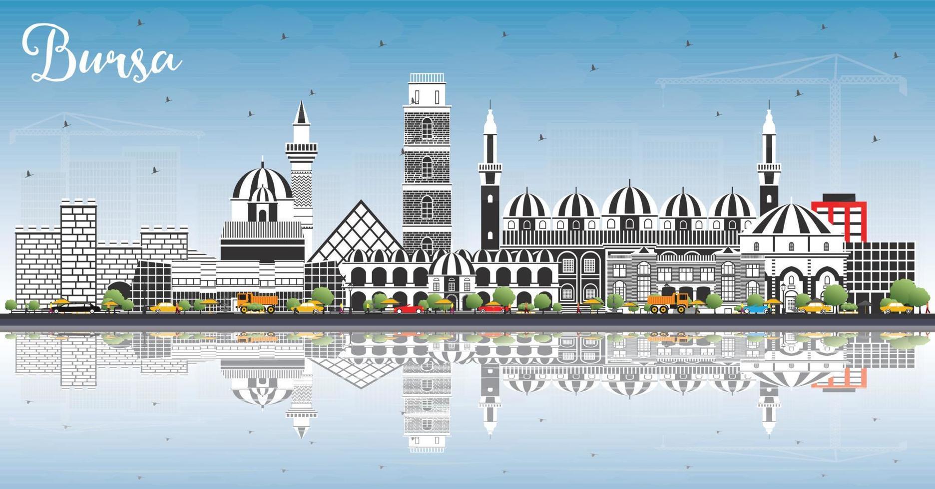 Bursa Turkey City Skyline with Color Buildings, Blue Sky and Reflections. vector