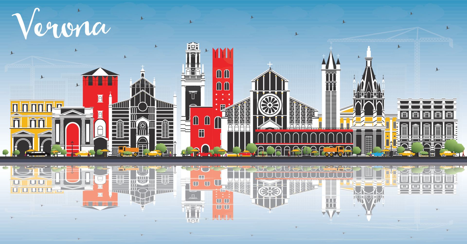 Verona Italy City Skyline with Color Buildings, Blue Sky and