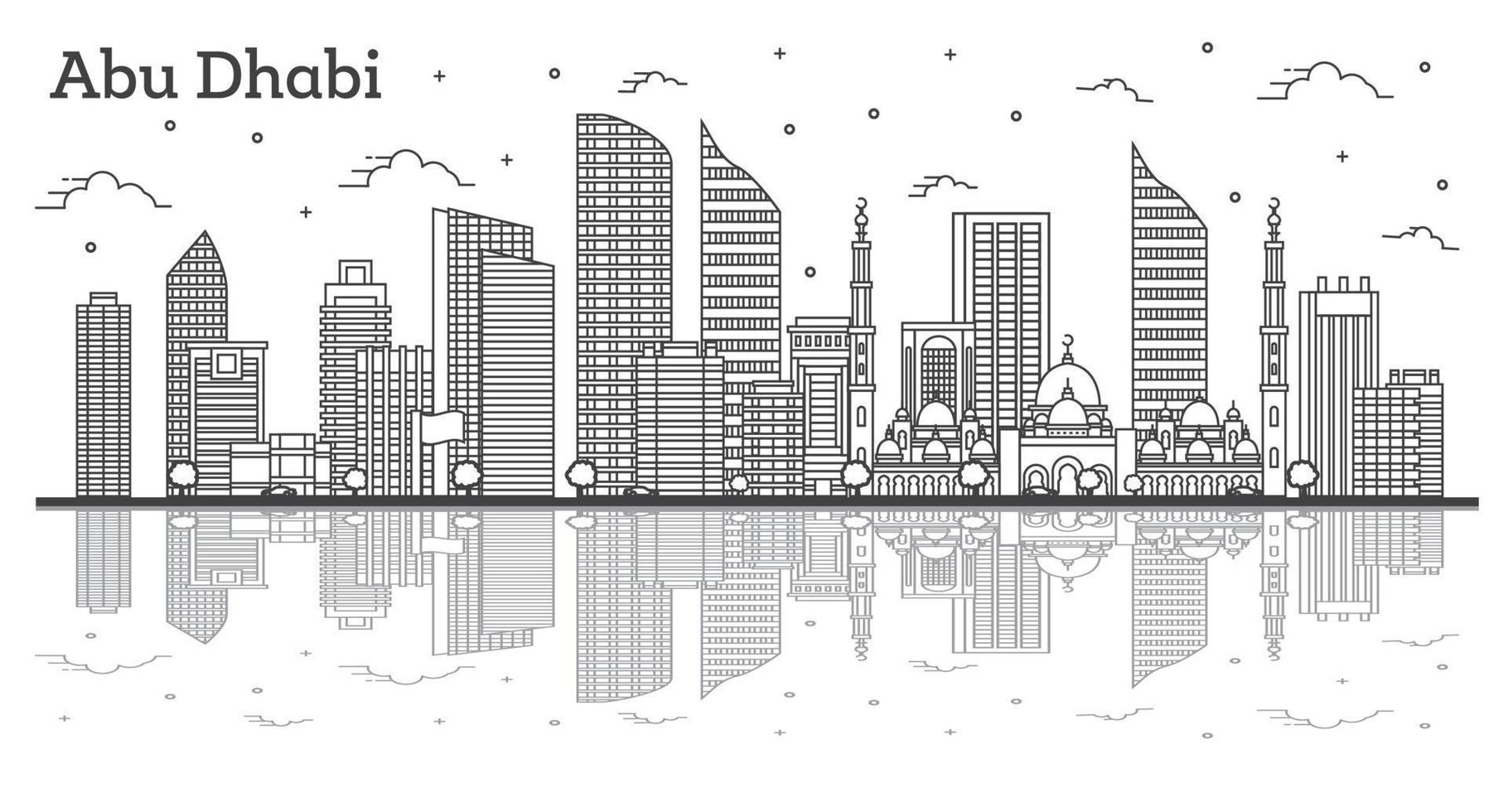 Outline Abu Dhabi United Arab Emirates City Skyline with Modern Buildings and Reflections Isolated on White. vector