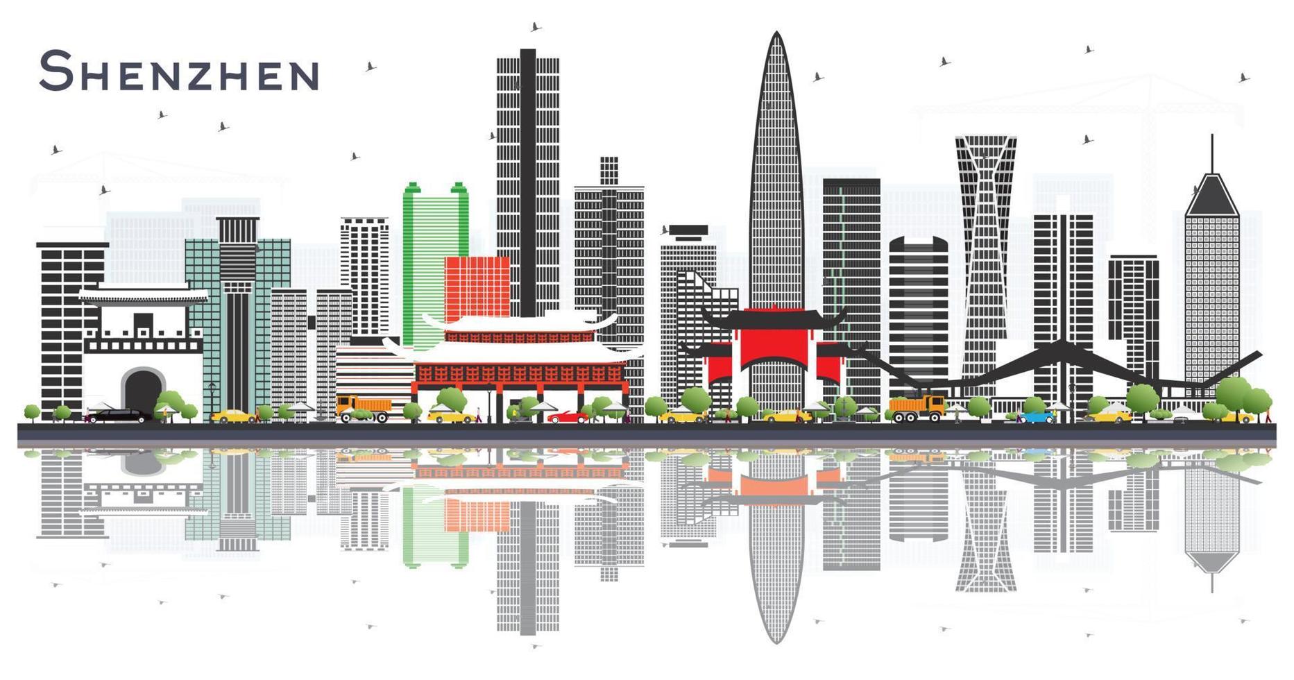 Shenzhen China City Skyline with Color Buildings and Reflections Isolated on White. vector