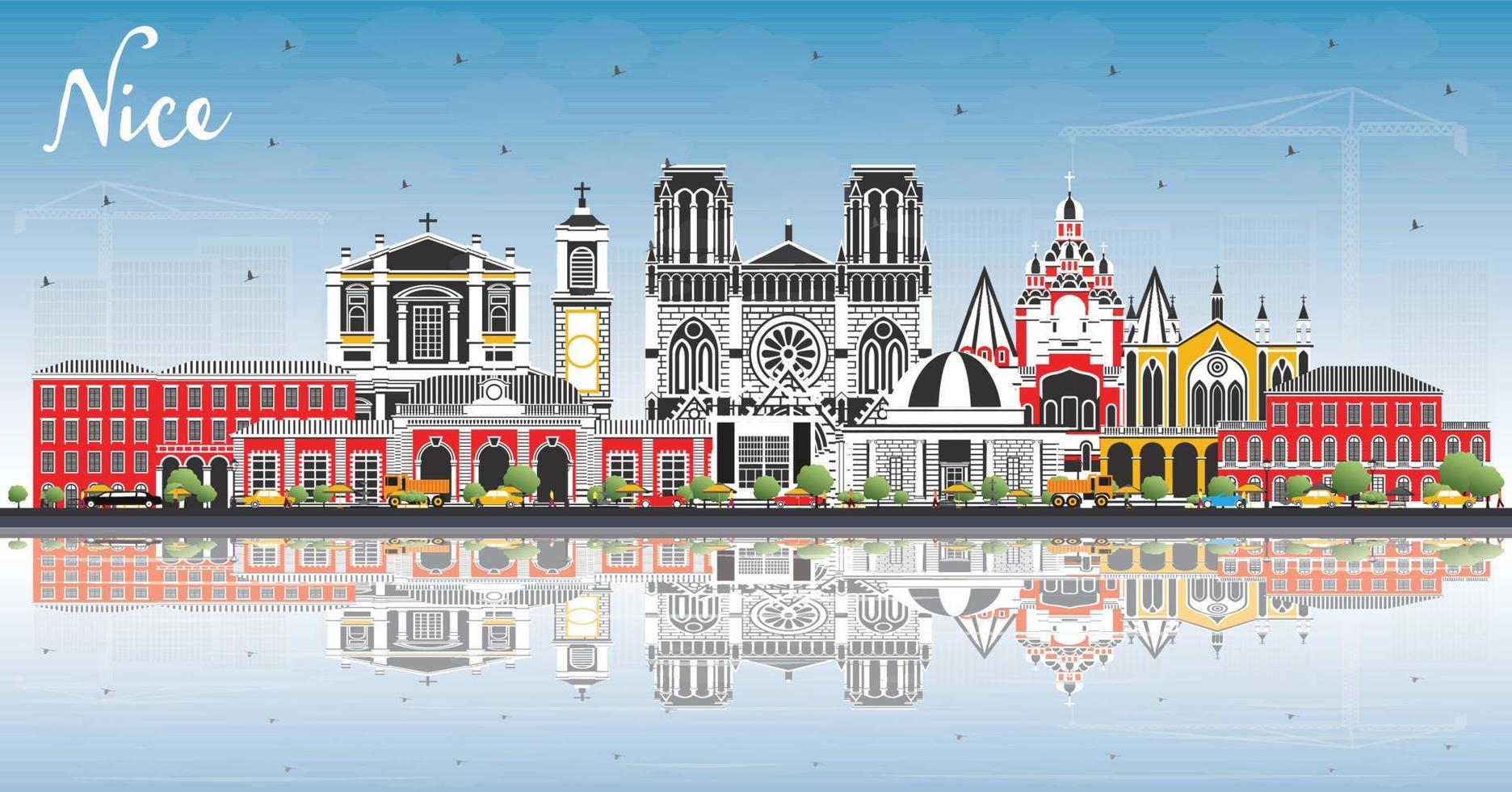 Nice France City Skyline with Color Buildings, Blue Sky and Reflections. vector