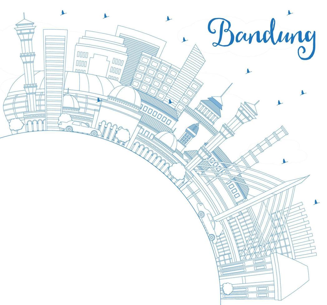 Outline Bandung Indonesia City Skyline with Blue Buildings and Copy Space. vector