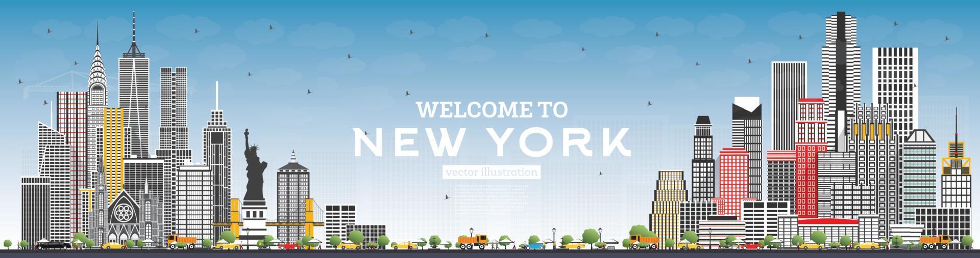 bienvenido al horizonte de nueva york usa con edificios grises y cielo azul. vector