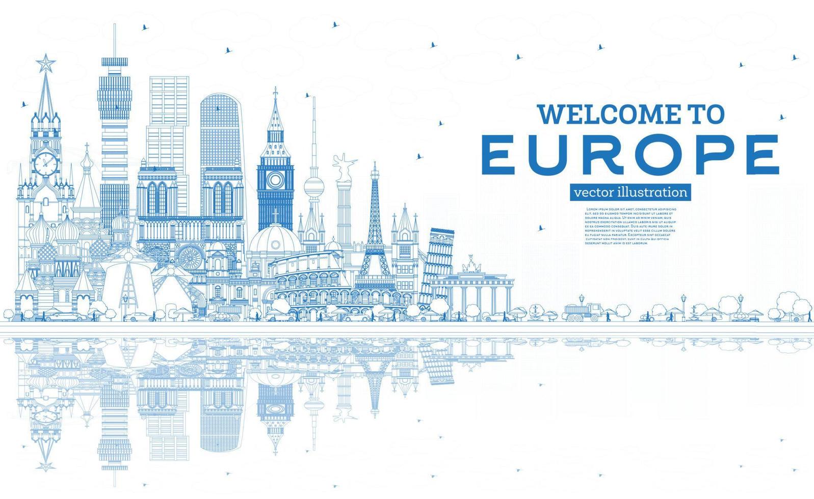 Outline Welcome to Europe Skyline with Blue Buildings. vector