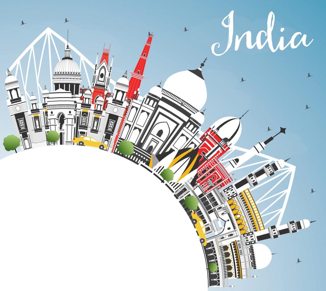 India City Skyline with Color Buildings, Blue Sky and Copy Space. vector