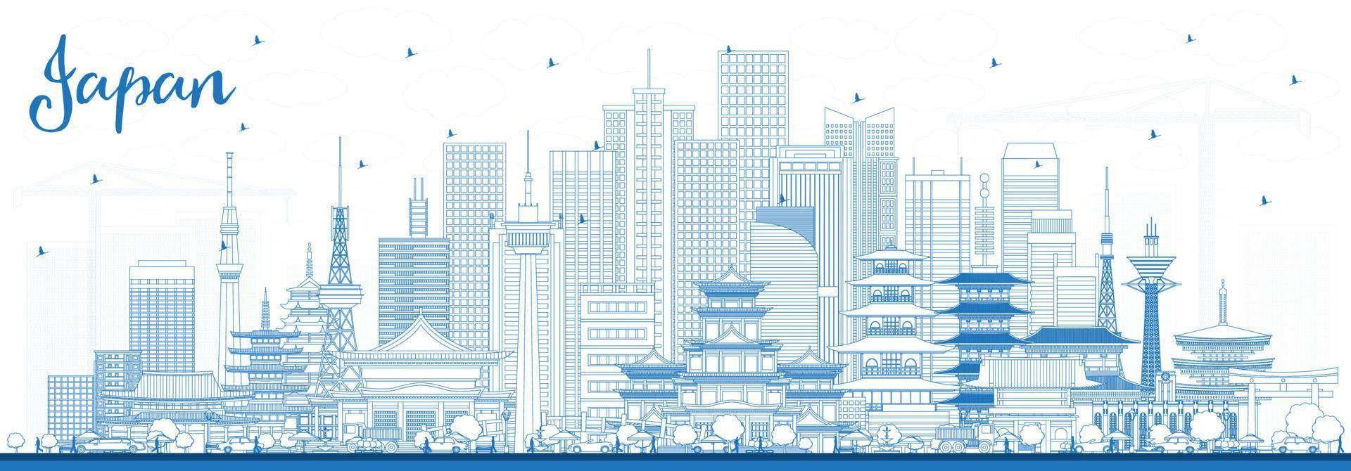 Outline Welcome to Japan Skyline with Blue Buildings. vector