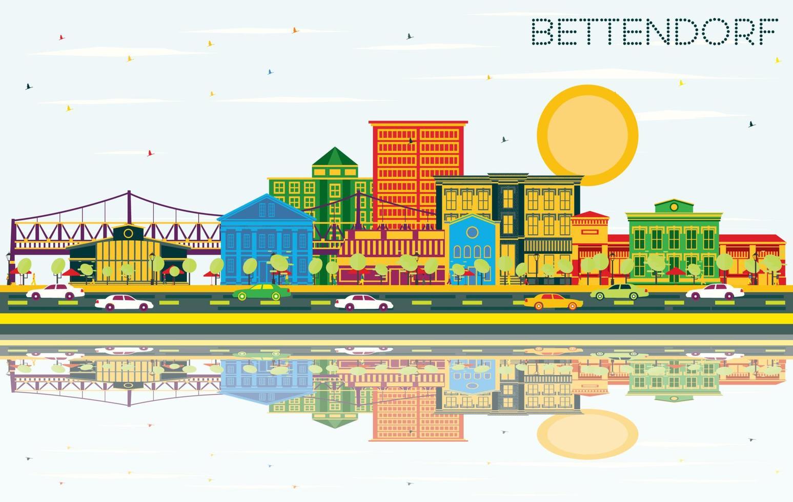 Bettendorf Iowa City Skyline with Color Buildings, Blue Sky and Reflections. vector