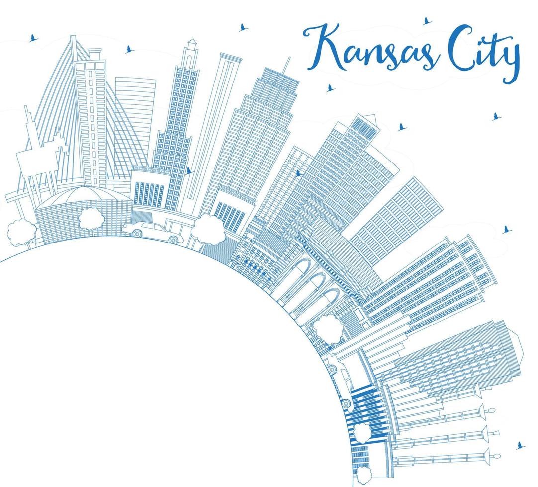 delinee el horizonte de la ciudad de kansas, missouri, con edificios azules y copie el espacio. vector