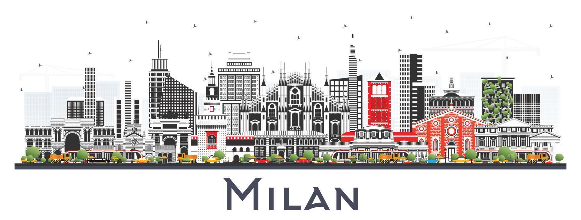 Milan Italy City Skyline with Color Buildings Isolated on White. vector