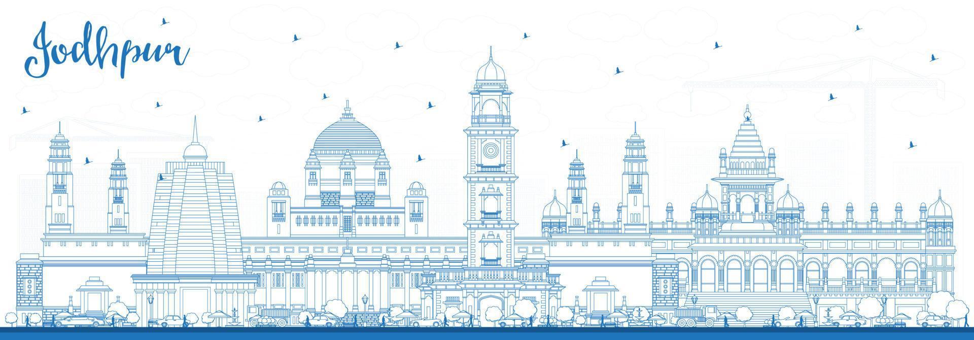 Outline Jodhpur India City Skyline with Blue Buildings. vector