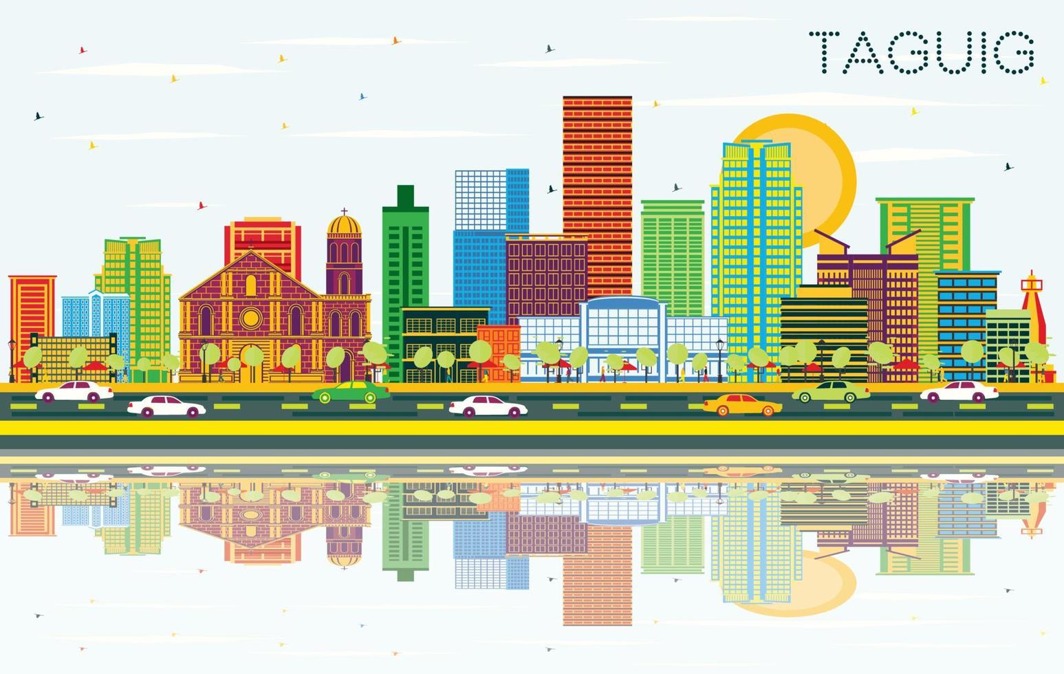 Taguig Philippines City Skyline with Color Buildings, Blue Sky and Reflections. vector