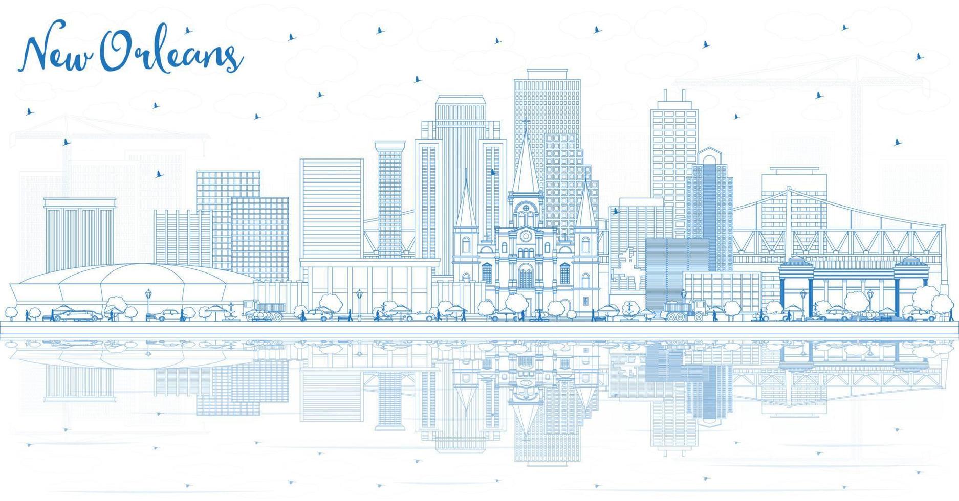Outline New Orleans Louisiana City Skyline with Blue Buildings and Reflections. vector