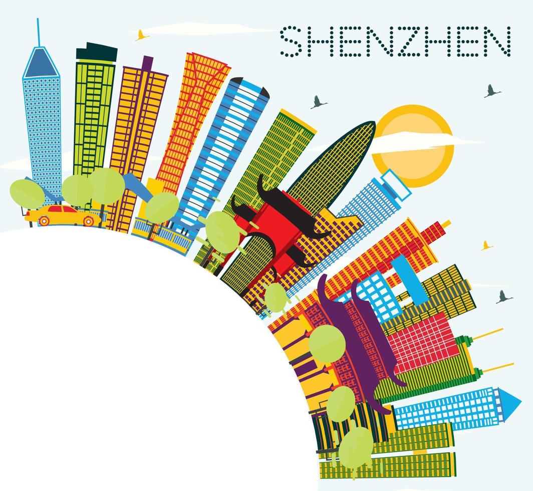 horizonte de la ciudad de shenzhen china con edificios de color, cielo azul y espacio de copia. vector