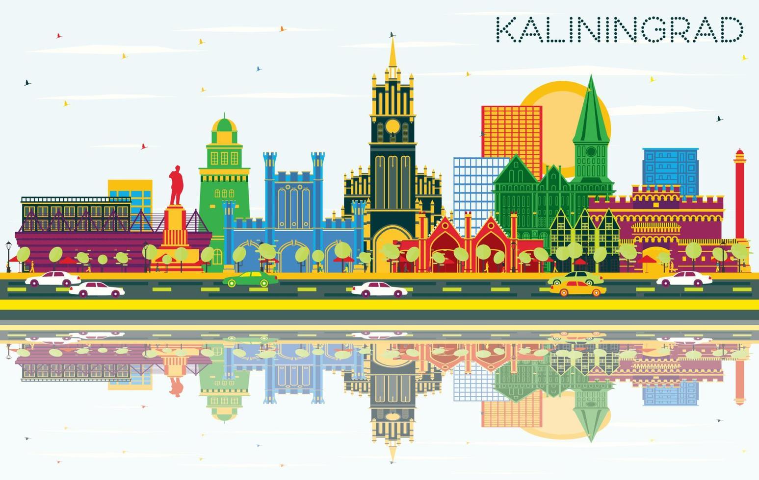 horizonte de la ciudad de kaliningrado rusia con edificios de color, cielo azul y reflejos. vector