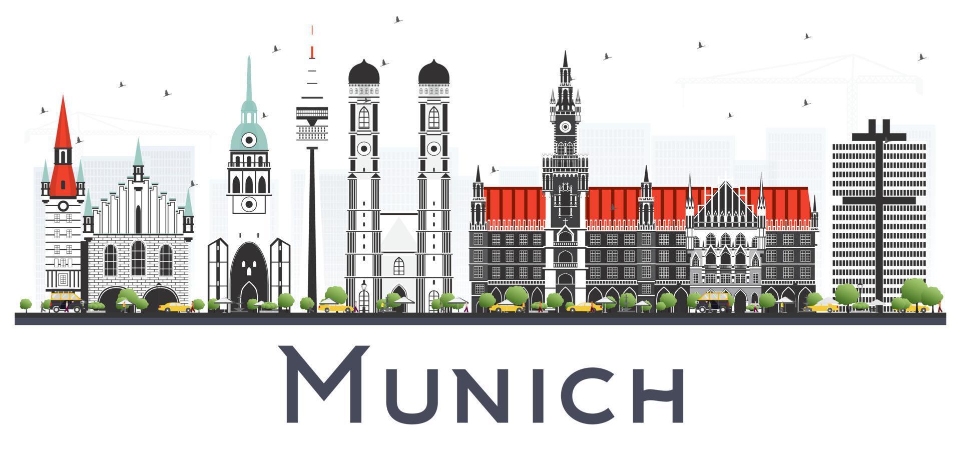 Munich Germany City Skyline with Color Buildings Isolated on White. vector