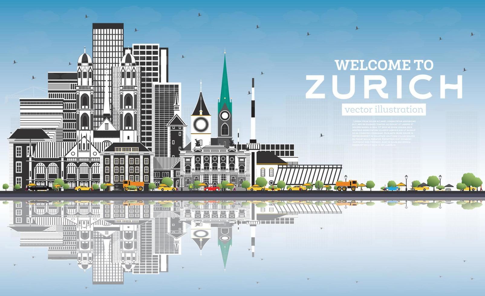 bienvenido al horizonte de zurich suiza con edificios grises, cielo azul y reflejos. vector