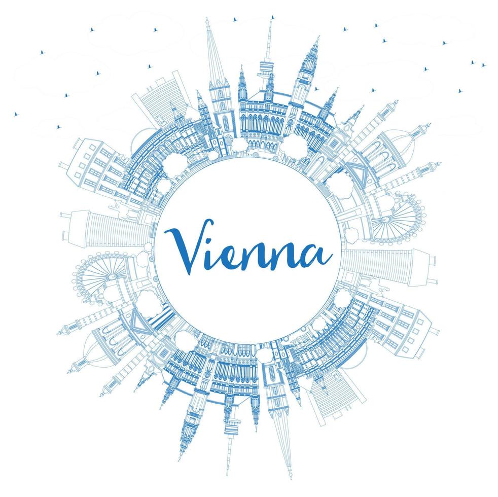 delinee el horizonte de la ciudad de viena austria con edificios azules y copie el espacio. vector