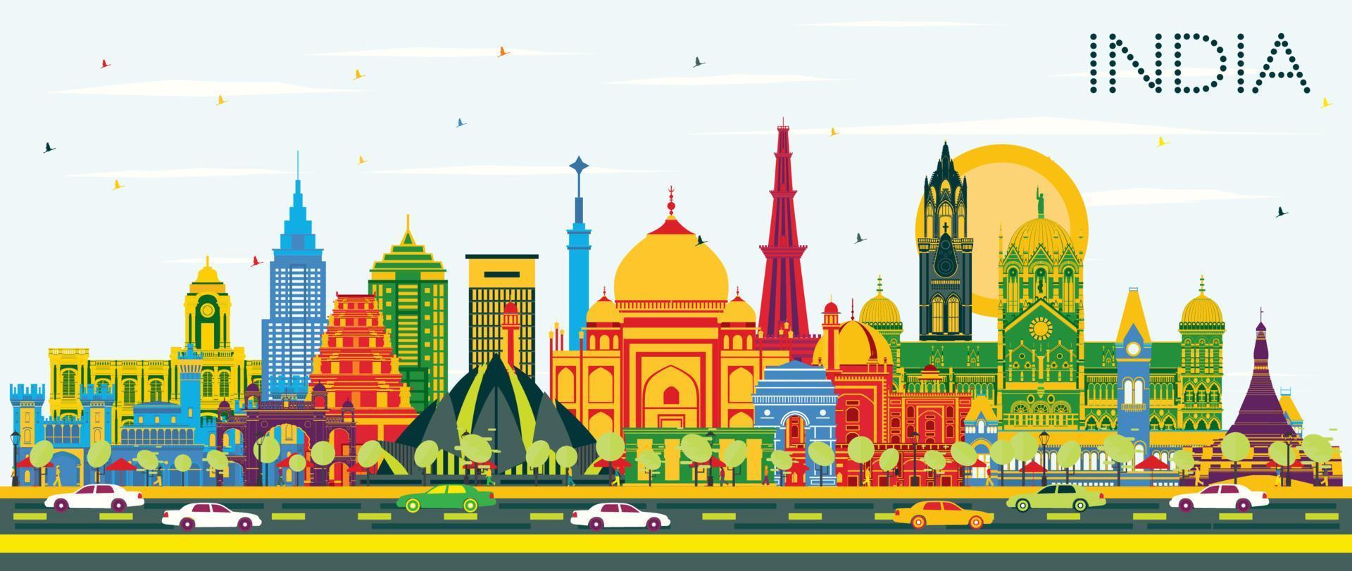 India City Skyline with Color Buildings and Blue Sky. vector