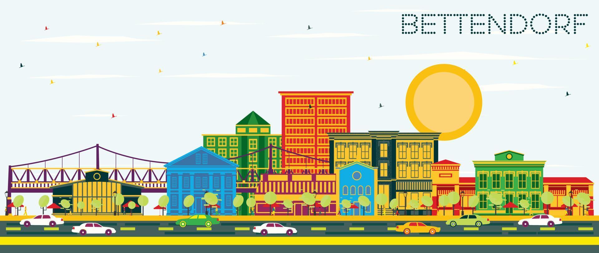 Bettendorf Iowa City Skyline with Color Buildings and Blue Sky. vector