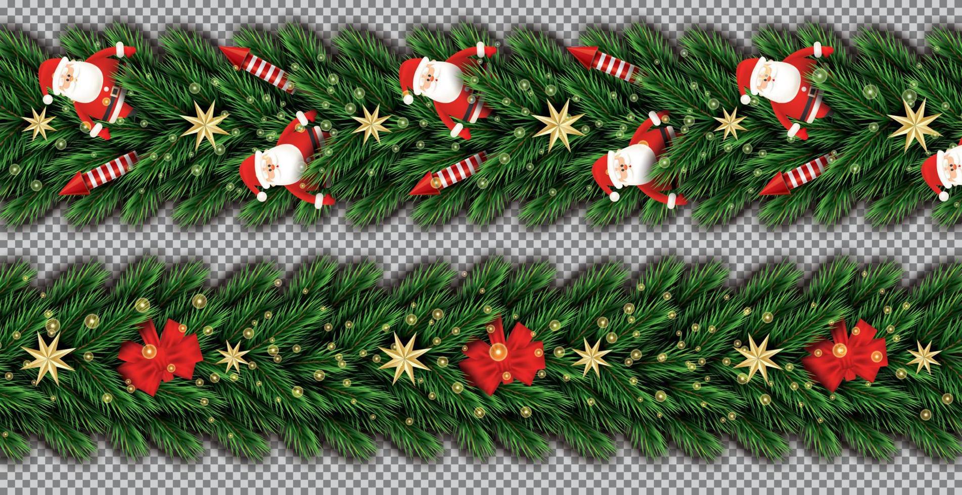 Border Set with Santa Claus, Christmas Tree Branches, Golden Stars, Red Rockets and Red Bow on Transparent Background. vector