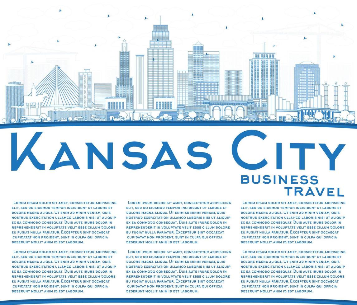 Outline Kansas City Missouri Skyline with Blue Buildings and Copy Space. vector