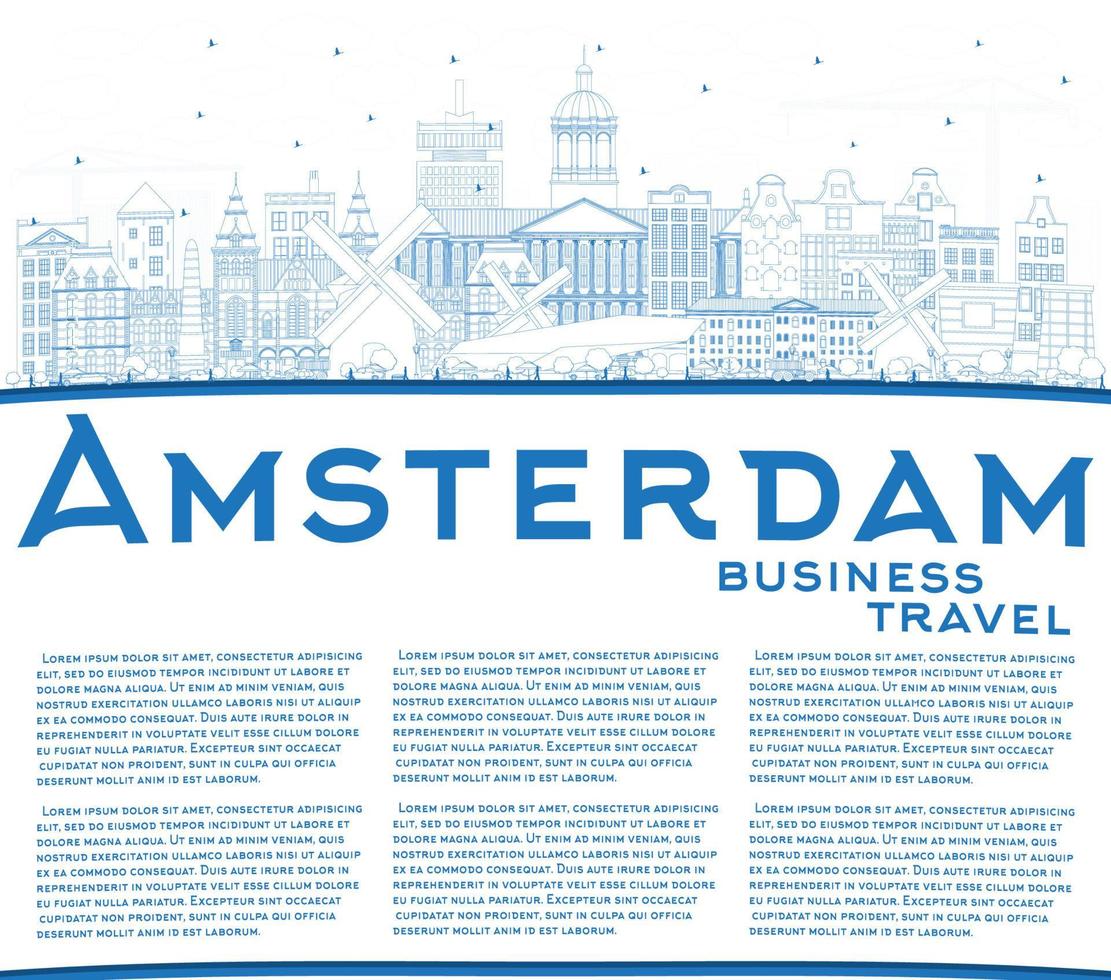 Outline Amsterdam Holland City Skyline with Blue Buildings and Copy Space. vector