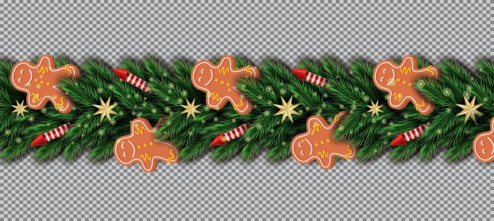 Border with Gingerbread Man, Christmas Tree Branches, Golden Stars and Red Rockets on Transparent Background. vector