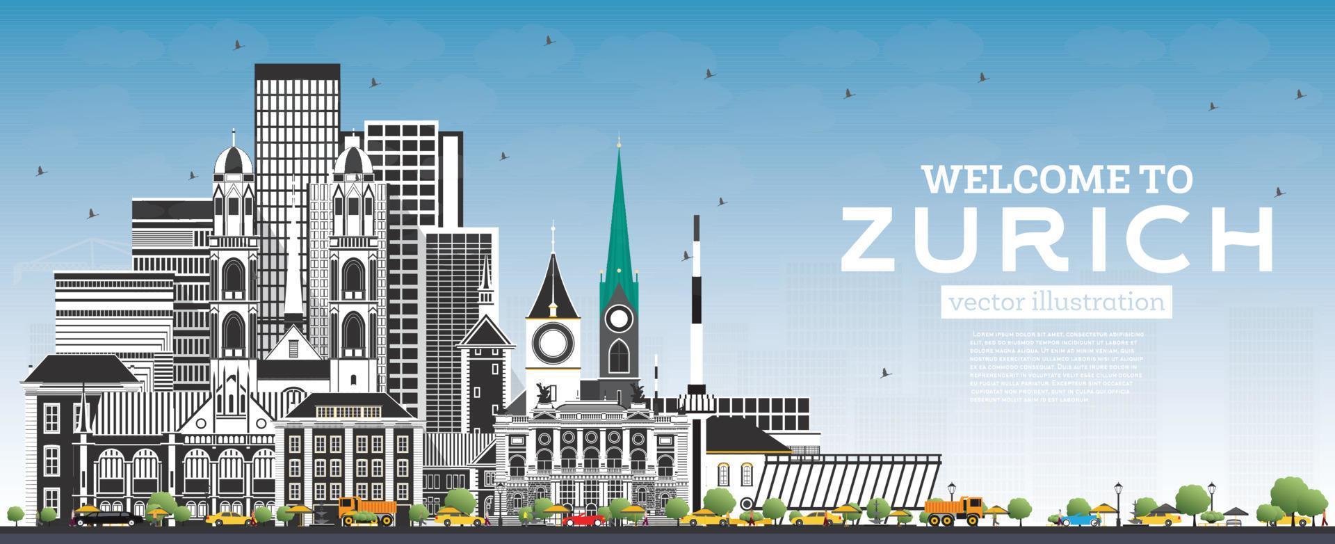 Welcome to Zurich Switzerland Skyline with Gray Buildings and Blue Sky. vector