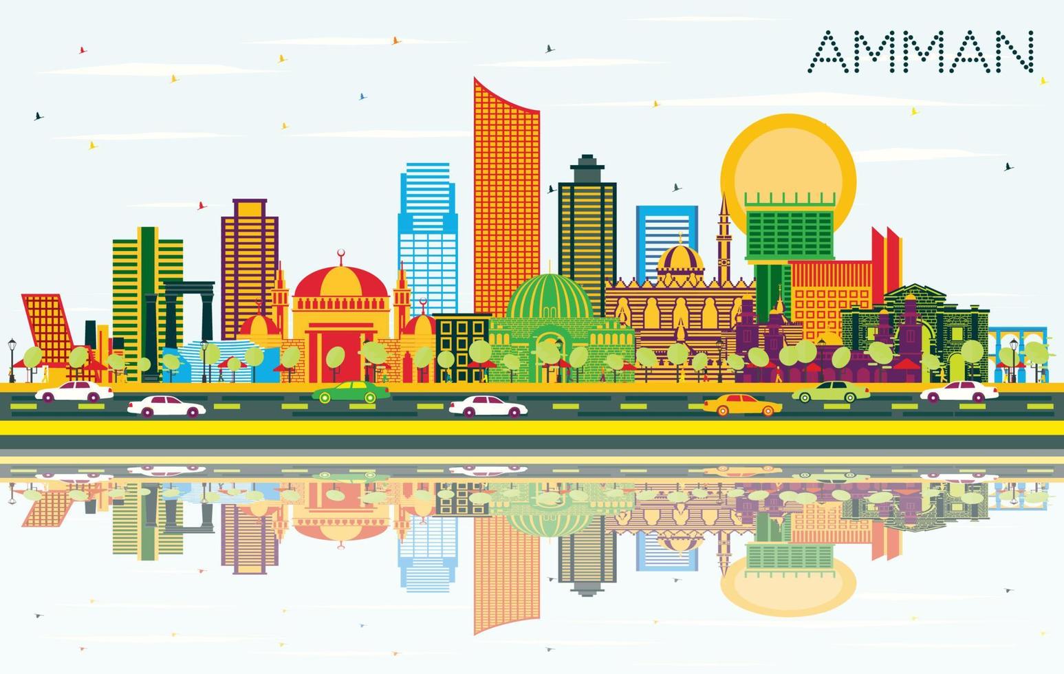 Amman Jordan City Skyline with Color Buildings, Blue Sky and Reflections. vector