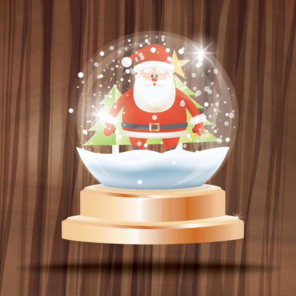 Christmas Crystal Ball with Snow and Santa Claus in front of Fir Tree on Wooden Background. vector