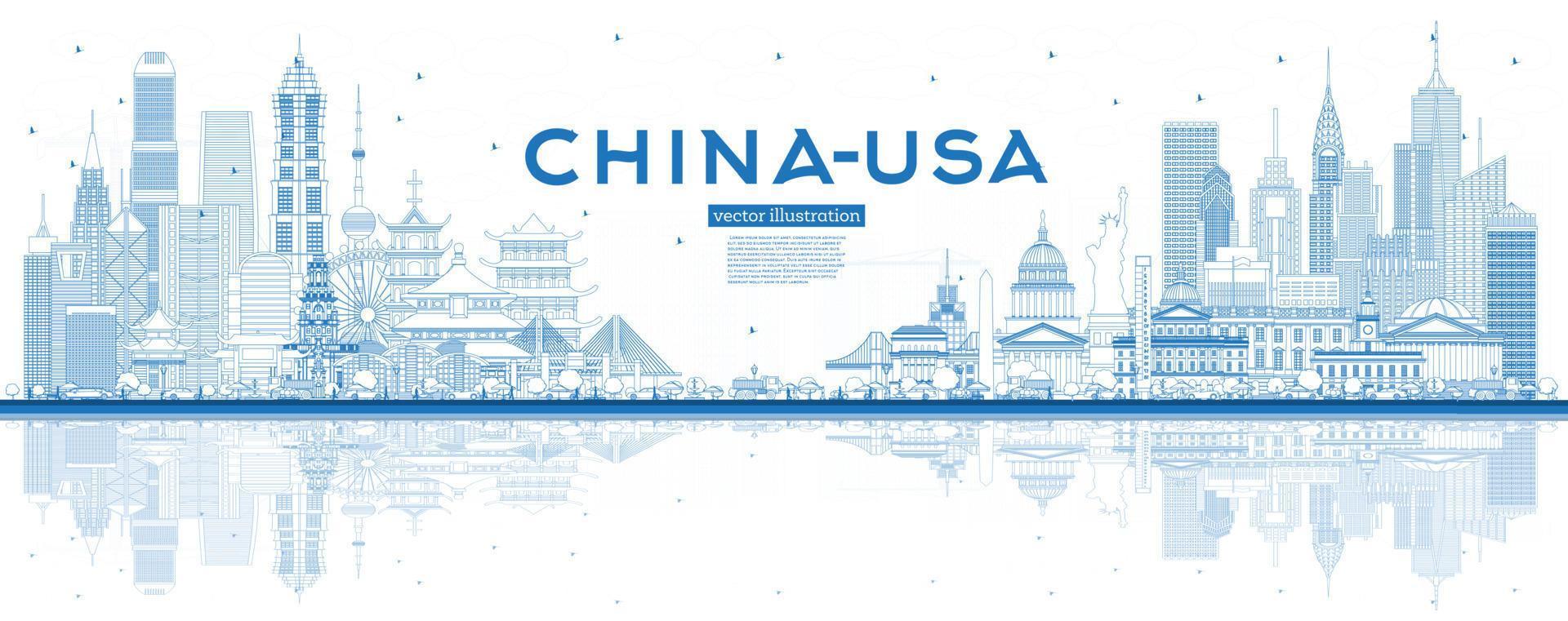 Outline China and USA Skyline with Blue Buildings and Reflections. vector