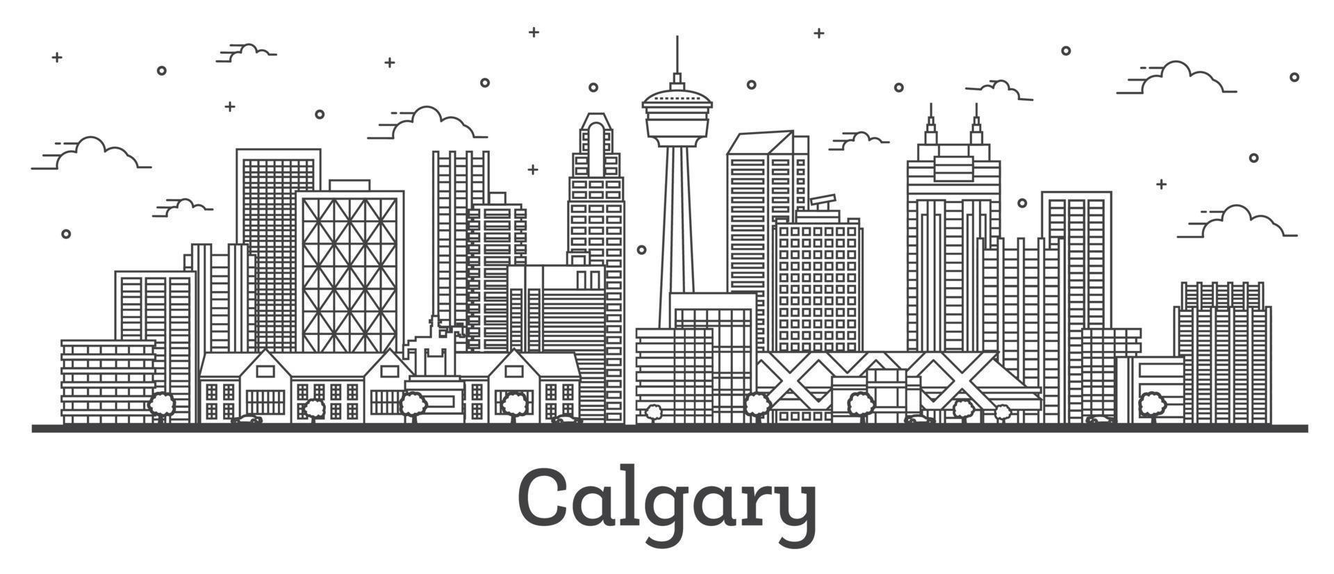 delinear el horizonte de la ciudad de calgary, canadá, con edificios modernos aislados en blanco. vector