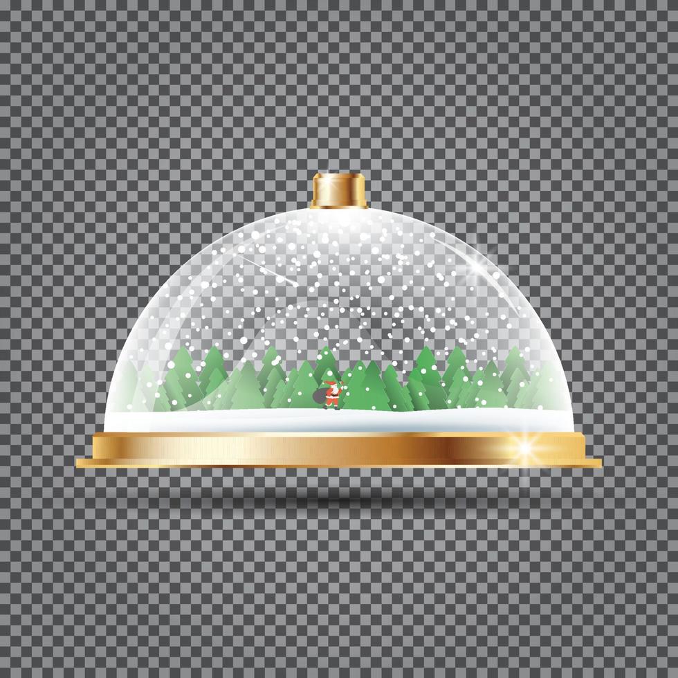 Glass Dome with Snow, Santa and Trees on Transparent Background. vector