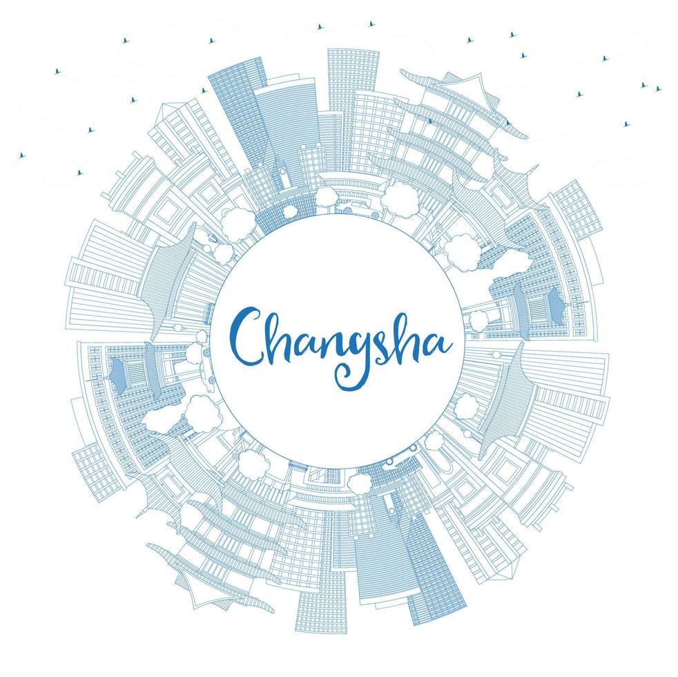 Outline Changsha China City Skyline with Blue Buildings and Copy Space. vector
