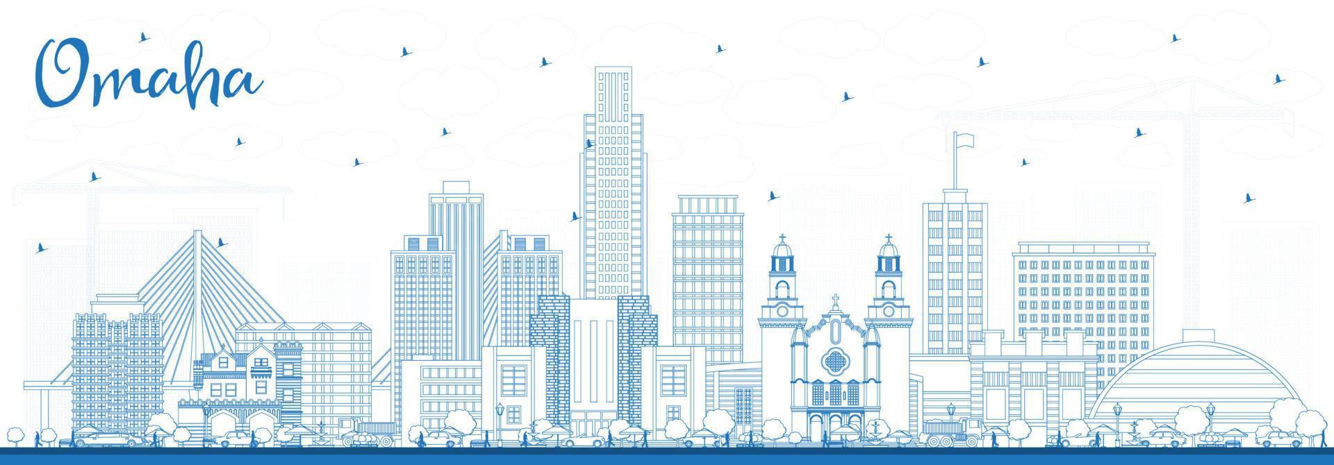 Outline Omaha Nebraska City Skyline with Blue Buildings. vector