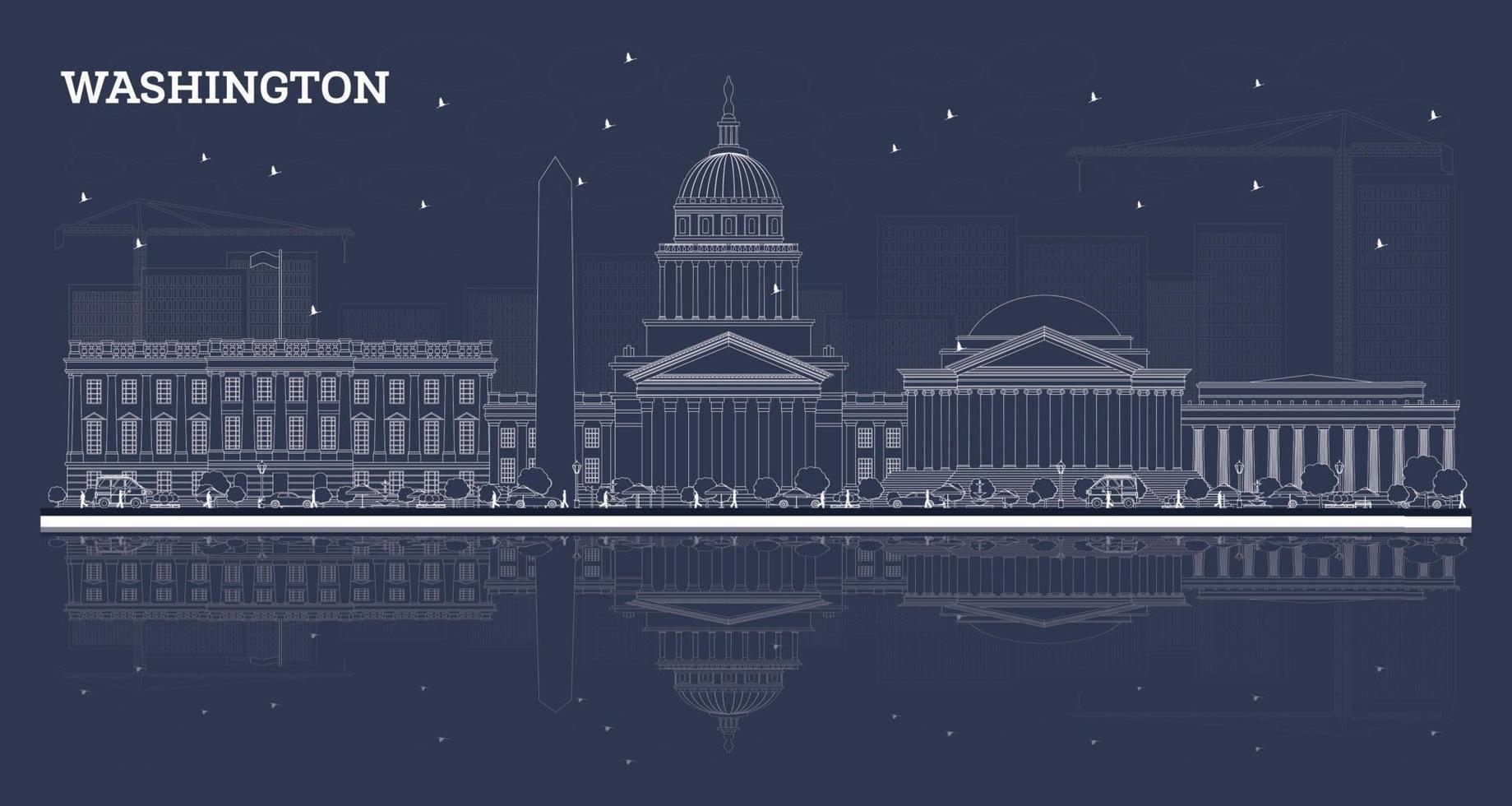 esbozar el horizonte de washington dc con edificios blancos y reflejos. vector