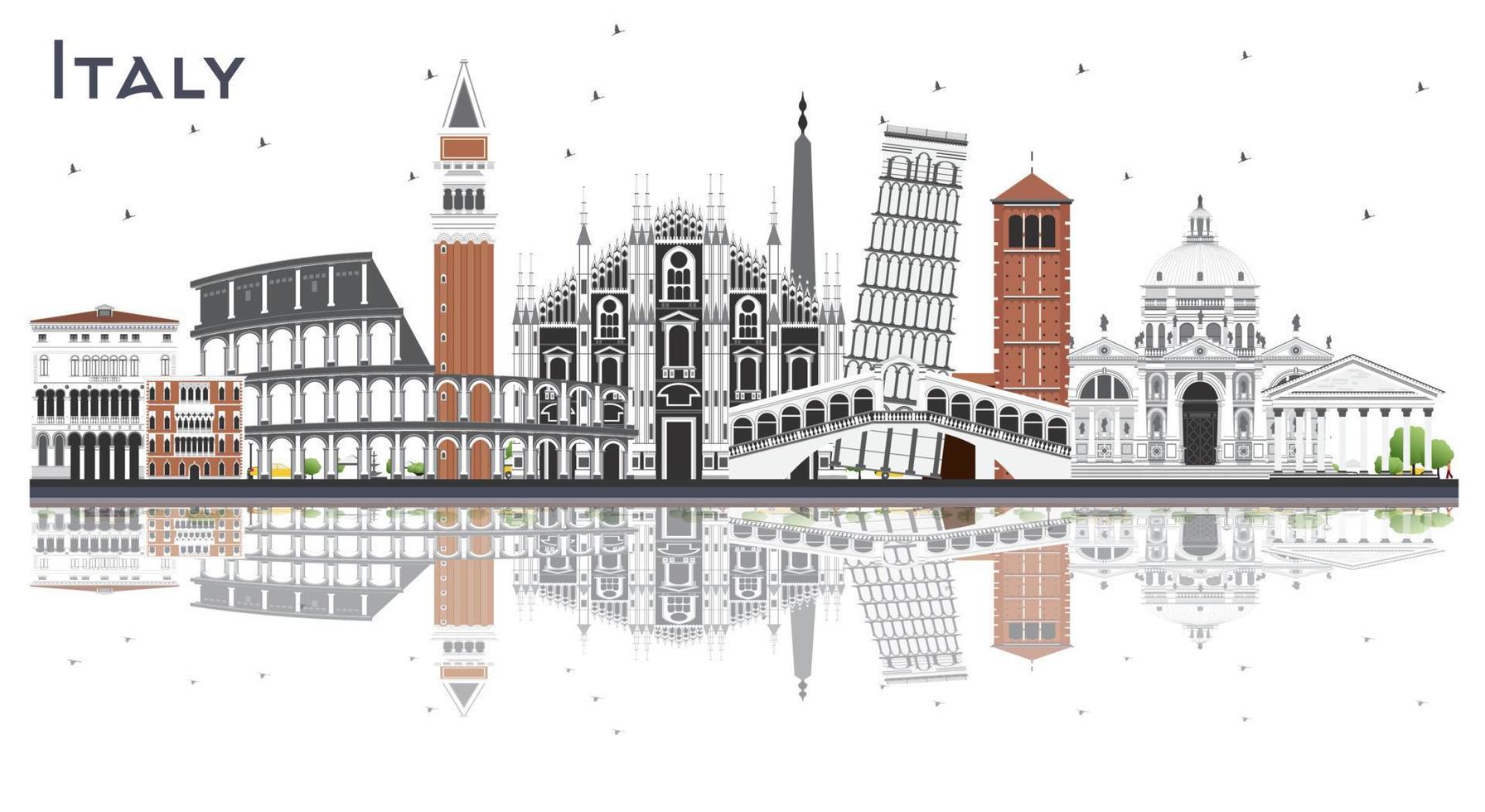 Italy City Skyline with Gray Buildings and Reflections Isolated on White. vector