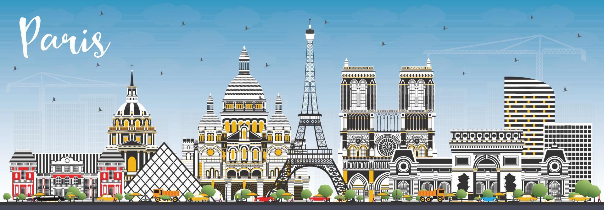 Paris France City Skyline with Color Buildings and Blue Sky. vector