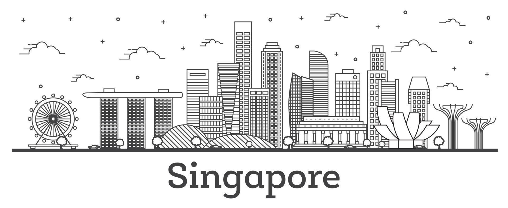 delinear el horizonte de la ciudad de singapur con edificios modernos aislados en blanco. vector