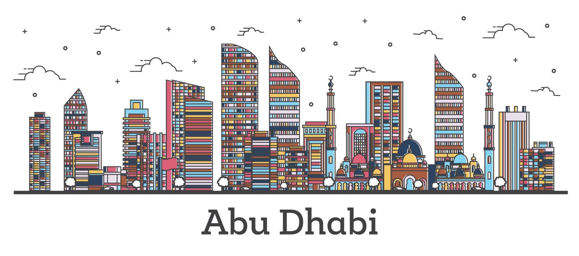 Outline Abu Dhabi United Arab Emirates City Skyline with Color Buildings Isolated on White. vector