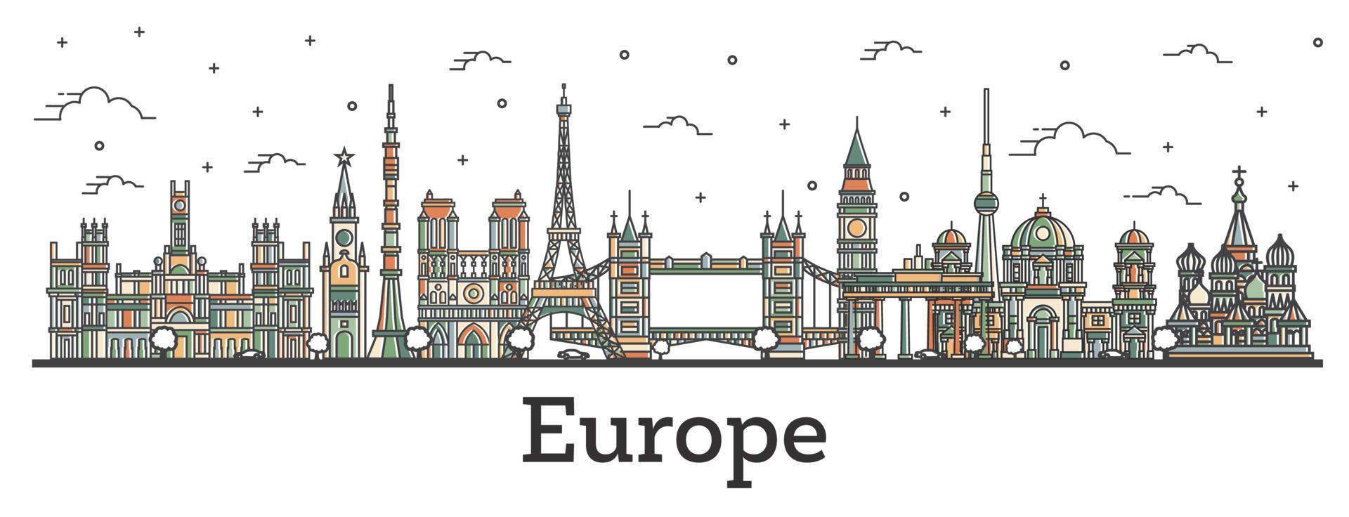 Outline Color Famous Landmarks in Europe. vector