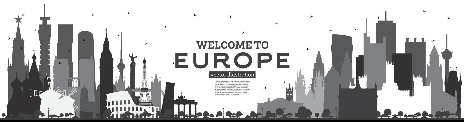 Bienvenido a la silueta del horizonte de Europa con edificios negros aislados en blanco. vector