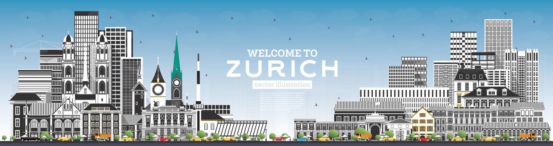 Welcome to Zurich Switzerland Skyline with Gray Buildings and Blue Sky. vector