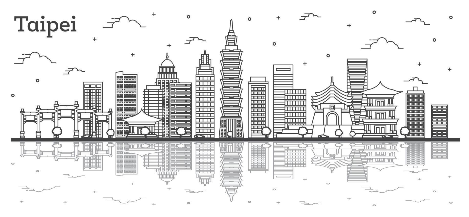 delinear el horizonte de la ciudad de taipei taiwán con edificios modernos y reflejos aislados en blanco. vector