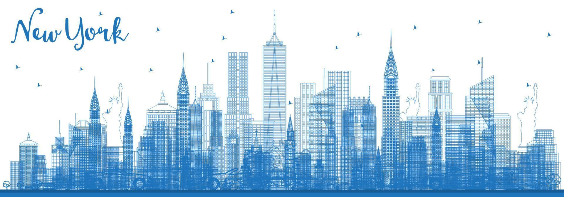 Outline New York USA City Skyline with Blue Buildings. vector