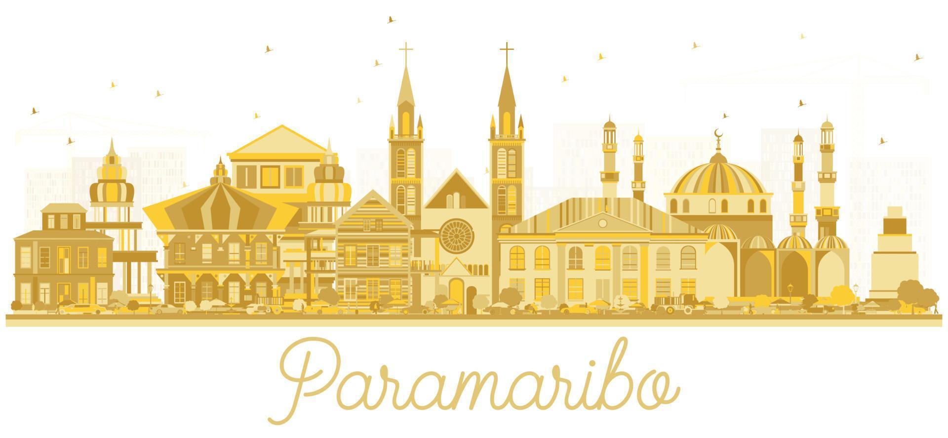 silueta del horizonte de la ciudad de paramaribo surinam con edificios dorados aislados en blanco. vector